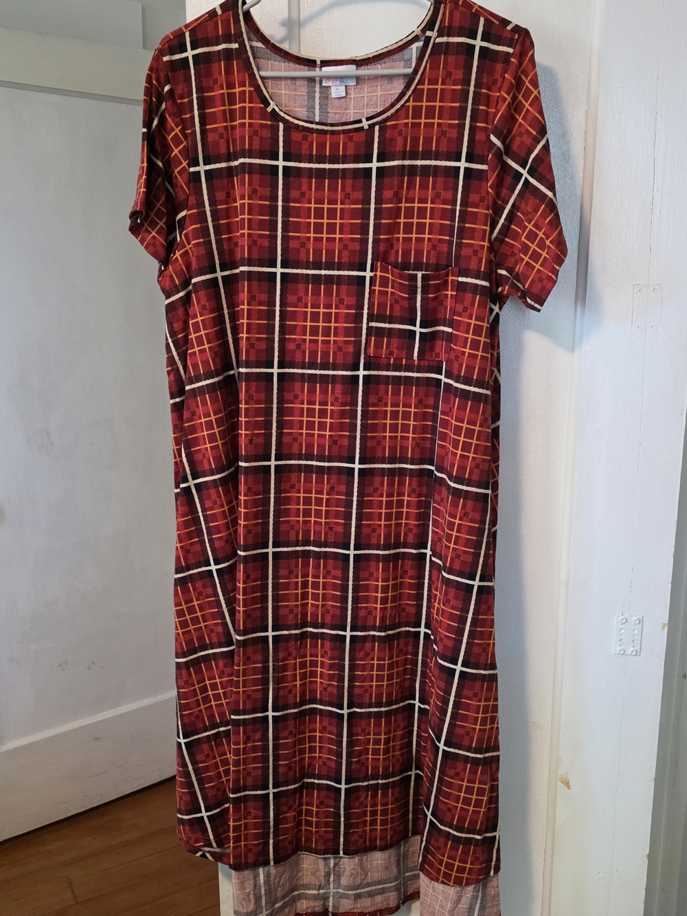 LuLaRoe Red Plaid Midi Dress with Short Sleeves
